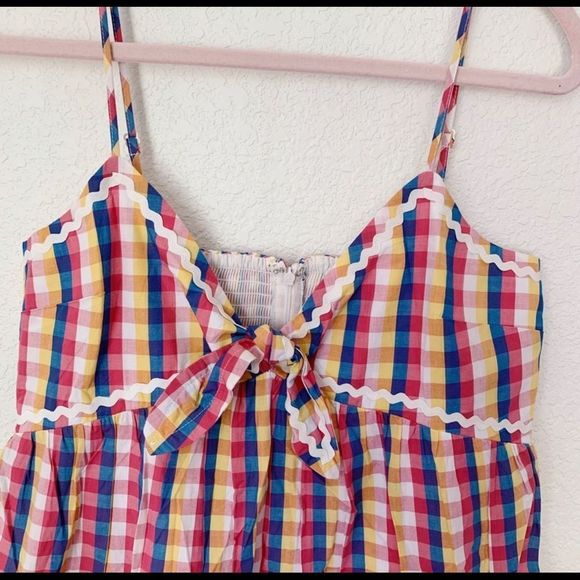 🆕✨ENGLISH FACTORY✨PRIMARY PLAID & RIBBON TRIM SLEEVELESS BABYDOLL MINI - Picture 5 of 8